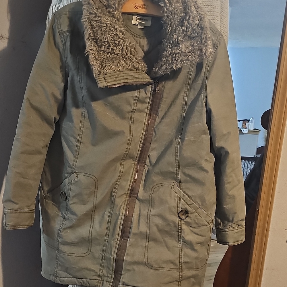Olive Green Coat with Faux Fur Collar
